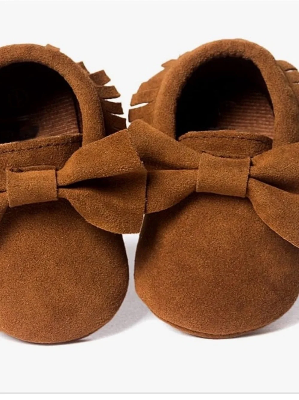 New Brown Suede Baby Moccasins with Fringe and bow size 12-18 Mths